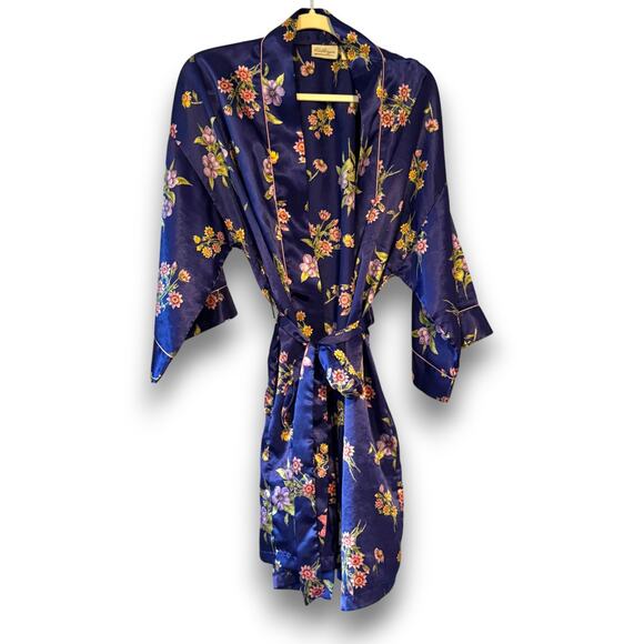Vintage Kathryn Navy Floral Satin Pajama Set Nightgown and Robe Medium - Picture 8 of 13